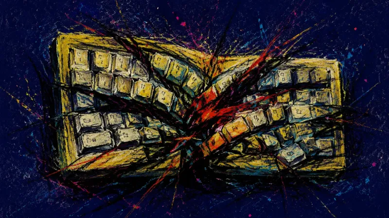 An abstract keyboard collapsing into jammed rows, representing deadline panic, obsessive review