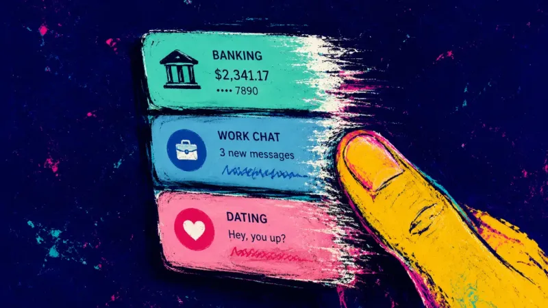 The Verdict Loop A phone cycling between banking, work chat, and dating screens, capturing the first-of-the-month hab