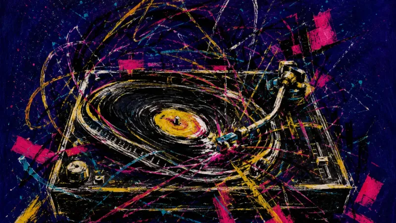 Stuck Groove A warped turntable stuck in one groove, representing first-of-the-month panic and the jammed loop of