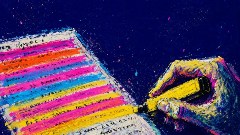 Proof Without Recall A study page almost fully highlighted as a rigid hand closes the last blank line, reflecting panic a