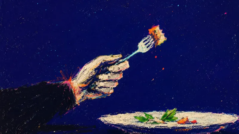 The Interrupted Bite A fork frozen in a mid-bite pause over an untouched dinner plate, reflecting the habit of managing f