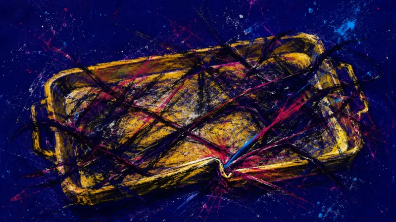 Service Under Load An abstract serving tray warped and crowded by tangled marks, expressing the default-translator burd