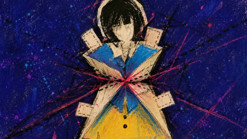 A paper doll folded under overlapping tabs and agitated lines, expressing dating self-editing, inse