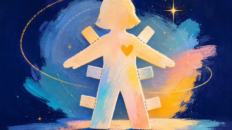 A paper doll opened into a clean, balanced outline, symbolizing self-trust and mutual fit without tự
