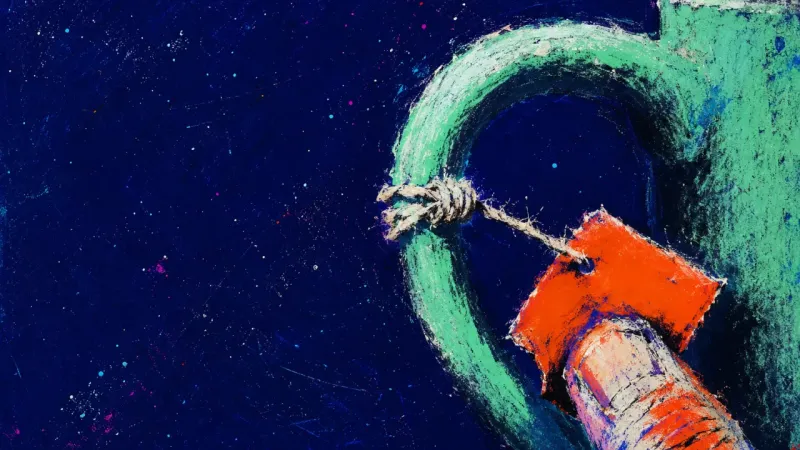 Knotted Evening A tea-bag string wrapped tight around a mug handle while a thumb crushes the tag, reflecting career