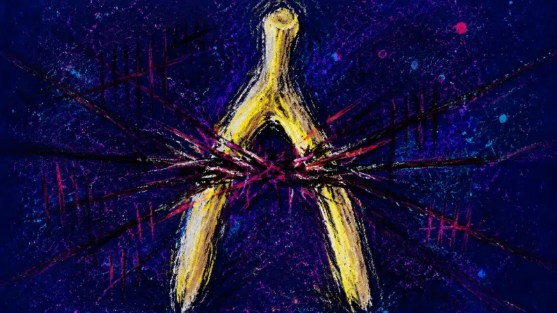 Pinned at the Split A branching Y-shaped form pulled inward and tangled at the center, representing career paralysisdriv