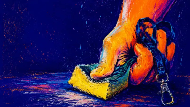 Silent Verdict A hand twists a work lanyard while another scrubs a counter already wiped clear, reflecting guilt-ru