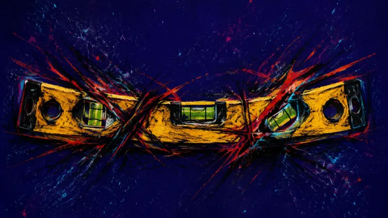 Skewed Measure A warped bubble level tangled in harsh marks, symbolizing guilt-driven self-blame and blurred res