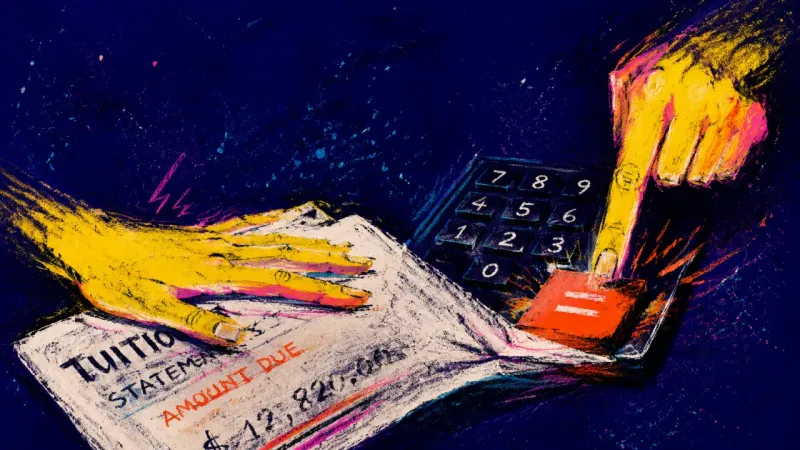 A palm pins a tuition statement while a crooked calculator key is pressed again and again, capturing