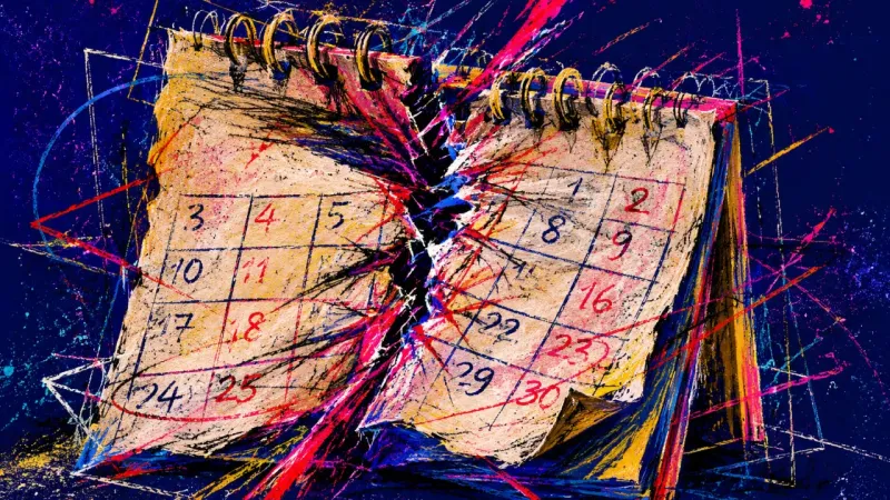 An abstract calendar crushed into a clogged grid, representing deadline panic, financial shame, and