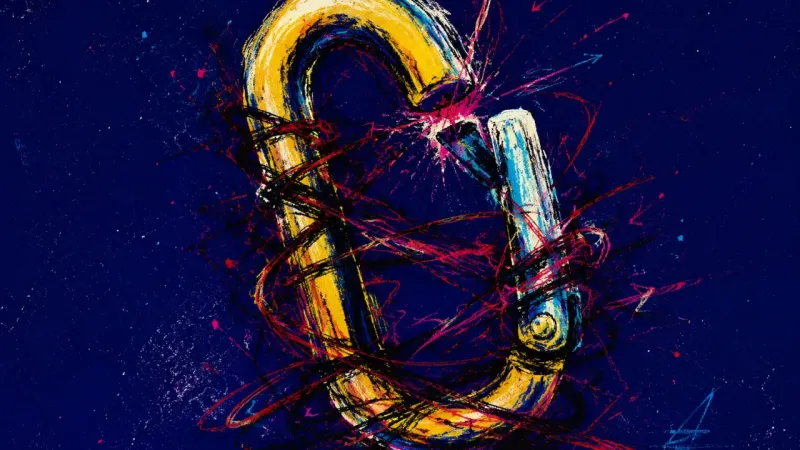 Latch Under Siege A distorted carabiner tangled in chaotic marks, reflecting compulsive checking, self-blame, and the,