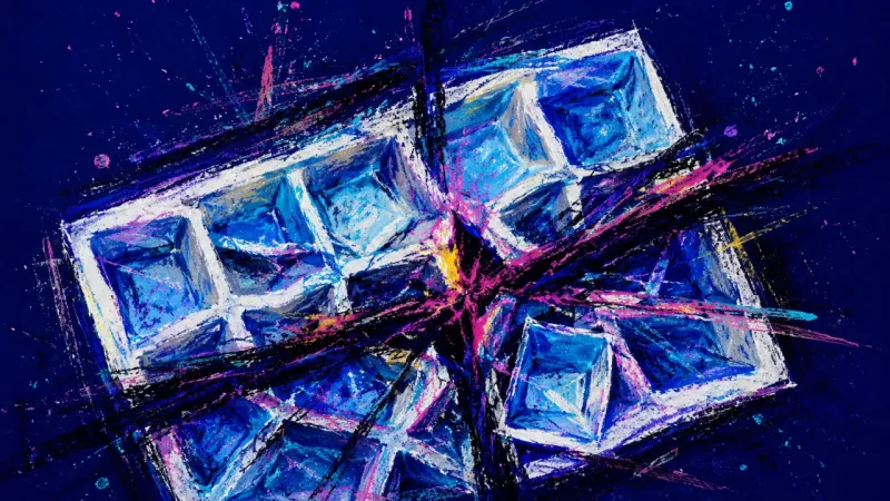 Crushed Compartments A warped ice tray with collapsed cells and tangled pressure marks, representing blurred date-night b