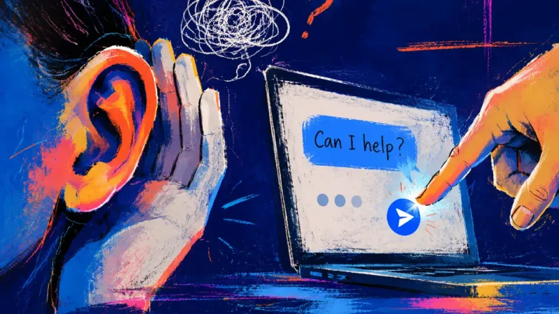 Listening for Proof A cropped figure leans toward a quiet laptop and pauses over an unsent offer to help, showing fearof