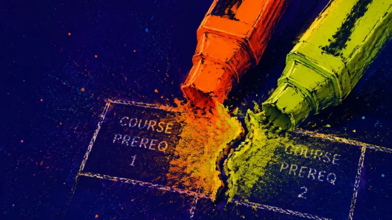 Proof Against Pull Two flattened highlighters grind across a course grid until the boxes merge, reflecting paralysis in