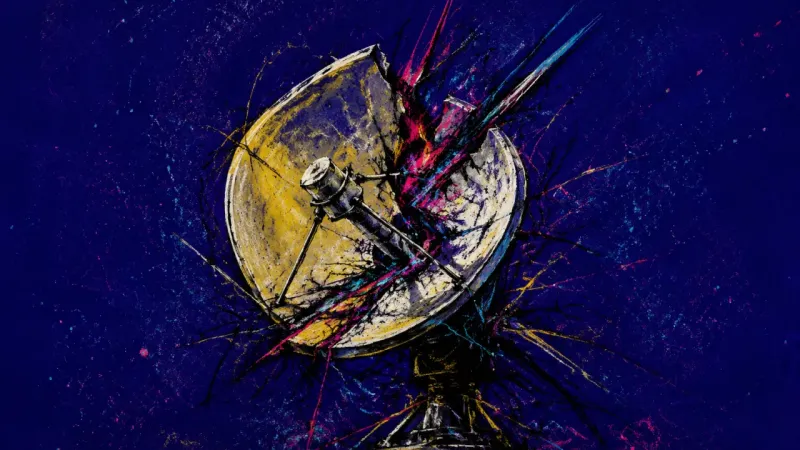 Jammed Reception A warped satellite dish tangled in interference, symbolizing major-choice paralysis, overload, and