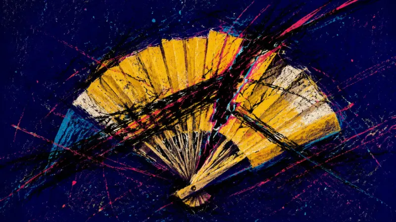 An abstract hand fan buckled inward and trapped in chaotic lines, representing self-silencing, peop