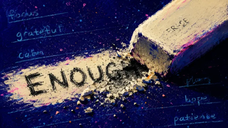 Redacted Before Landing A block eraser rubbed hard over one feeling word in a journal page, reflecting emotional self-censc>