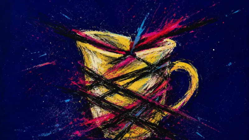 Censored Vessel A cup squeezed inward and crossed by dense marks, representing emotional self-censorship and the