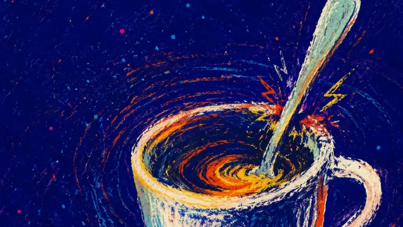 A spoon churned in fast tight circles inside a coffee cup, symbolizing the urge to fill social quiet