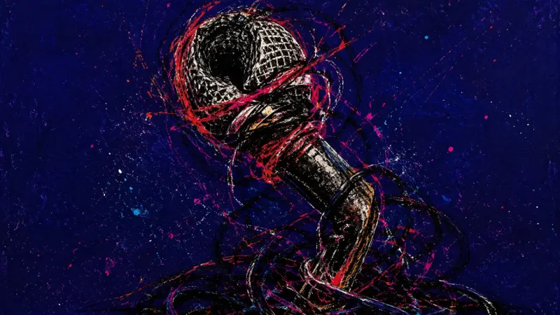 A bent microphone tangled in looping marks, representing self-mocking humor used to control judgment
