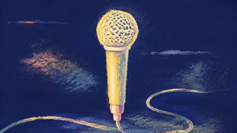 A restored microphone with a clean outline and eased line, representing honest speech, gentle visibl