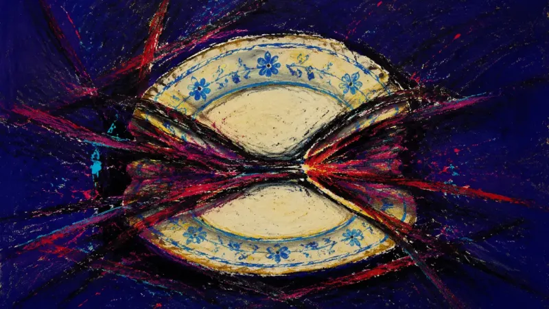 A warped plate tangled in harsh marks, representing guilt and self-silencing under the low-maintena
