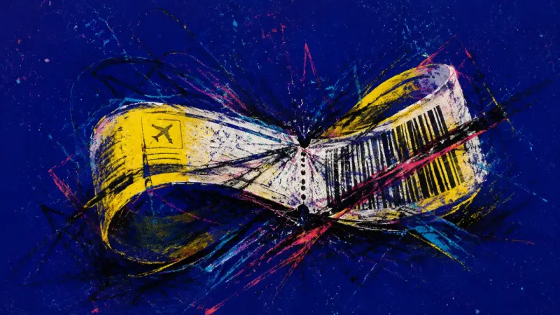 Stalled Boarding A distorted boarding pass trapped in chaotic marks, representing hesitation, private worst-case thin