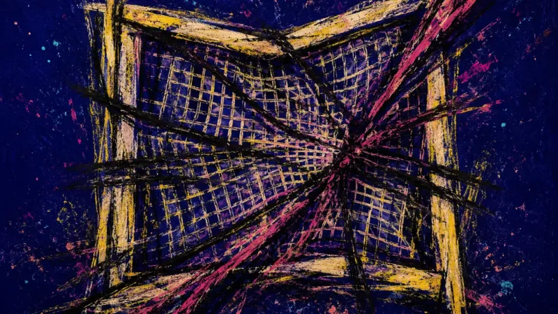 A warped window screen with its grid choked shut, representing people-pleasing, self-doubt, and pre
