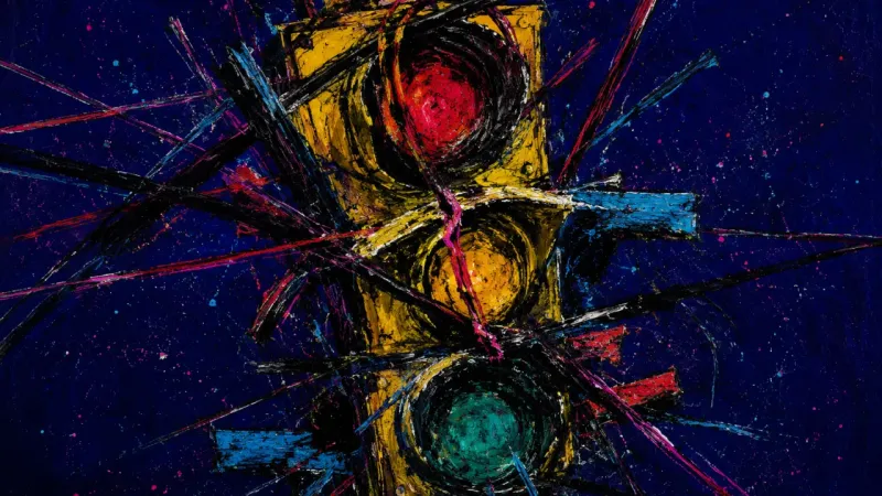 Jammed Signal An abstract traffic light crushed and tangled out of sequence, symbolizing over-responsibility and