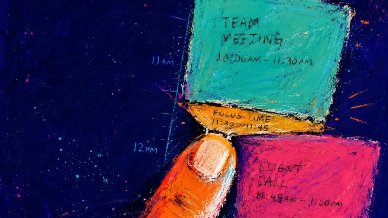 Shrinking Buffer A fingertip squeezes a calendar event into a thin strip between packed meetings, symbolizing Sunday‑