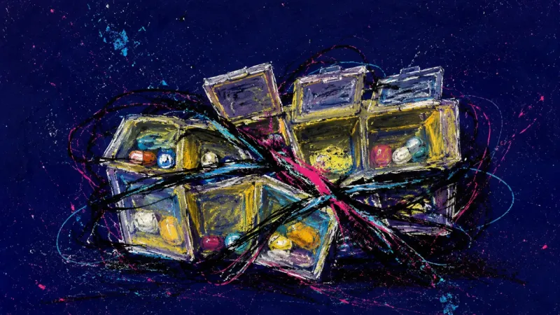 Threat Grid A distorted pill organizer crushed by tangled marks, symbolizing Sunday-night overload, overcontrol,