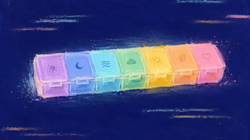 Restored Pace A restored pill organizer with even compartments, symbolizing balanced pacing, clear boundaries, and