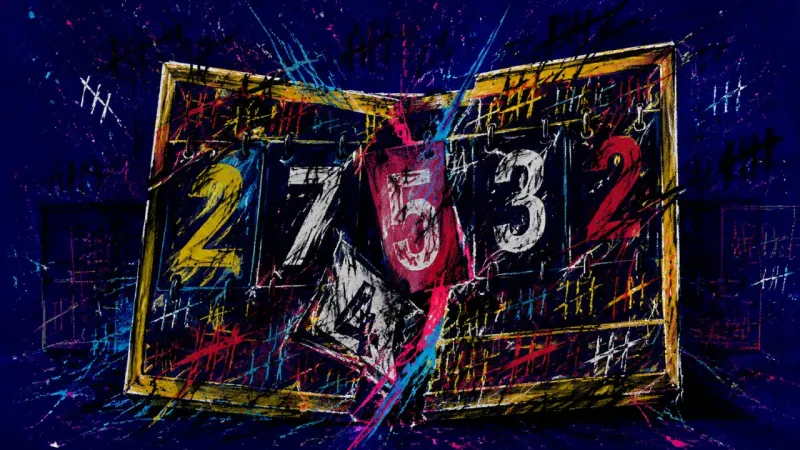 Private Verdict A warped scoreboard tangled in conflicting numbers and harsh marks, representing shame-driven