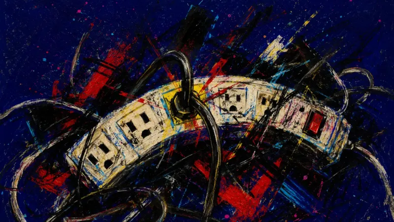 A warped power strip choked by tangled cords, representing guilt-driven overavailability and one-way