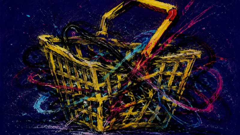 A shopping basket crushed inward and tangled by harsh lines, symbolizing ordinary household remarks