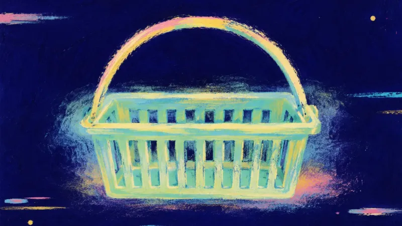 A shopping basket reopened into balanced order, symbolizing ordinary household needs heard as clear,