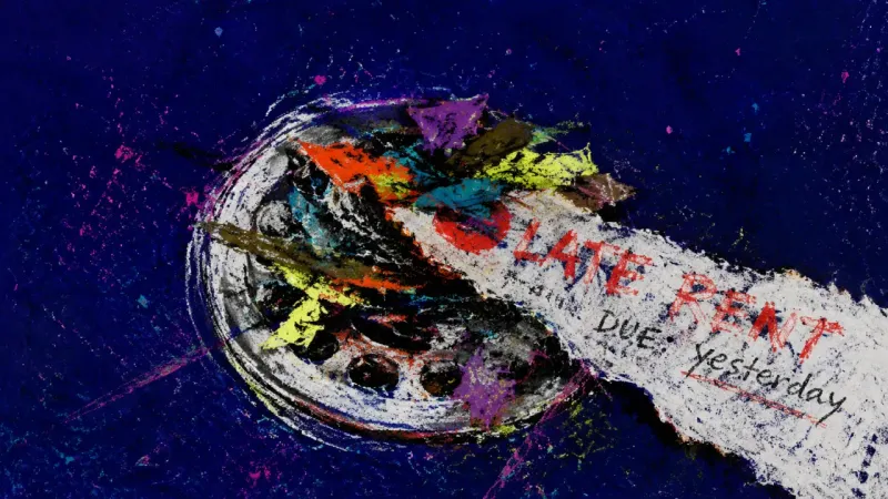 The Unfinished Hour A sink strainer buried under scraps and a torn late-rent reminder, capturing everyday backlog turned
