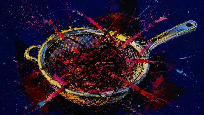 Blocked Passage An abstract strainer crushed and clogged by tangled lines, representing everyday life overload, late