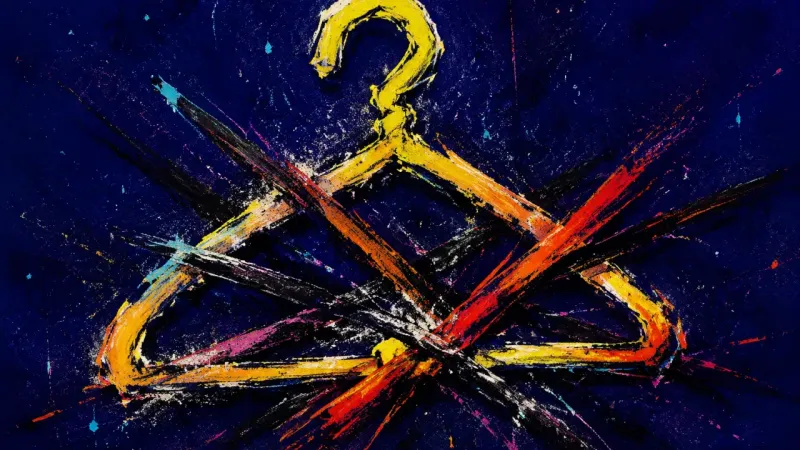 Suspended Divide An abstract depiction of independence guilt, where a suspended home choice buckles under pressure, c