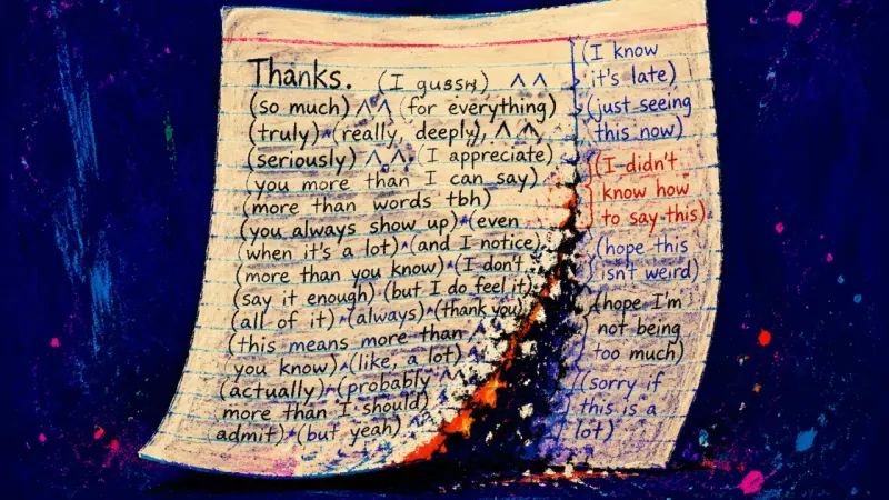 The Buried Sentence A note card with one short line buried under added clauses and squeezed side notes, reflecting the u