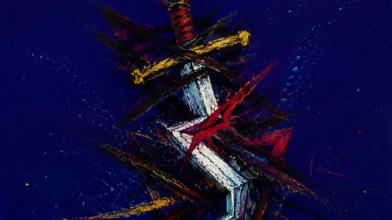 Blade on Trial An abstract representation of workplace shame, showing a clear voice warped by public correction a