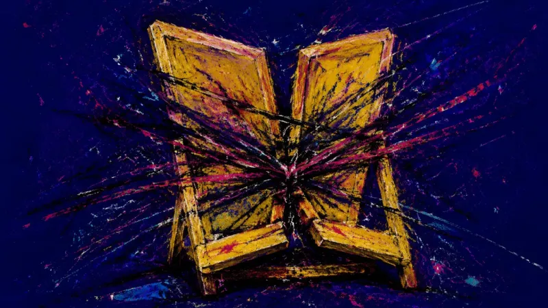 A warped bookstand trapped in dense chaotic lines represents performance freeze and the loss of choi