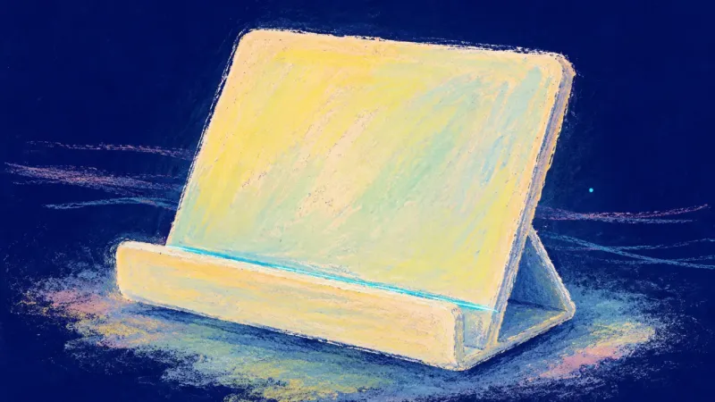 A restored bookstand with a calm open form represents grounded focus, adult presence, and the return
