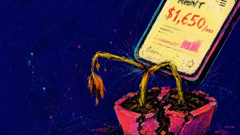 A phone showing a rent screen presses into a dead potted plant, showing work, bills, and home care c