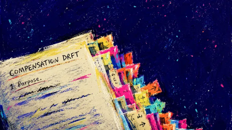 A one-page compensation draft buried under note tabs and inserted slips, reflecting the urge to over