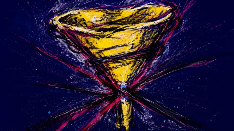 An abstract funnel crushed shut by tangled lines, representing a raise request buried under self-ad
