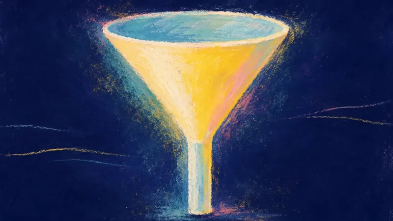 An abstract funnel reopened into a clear channel, representing calm self-advocacy and a structured c