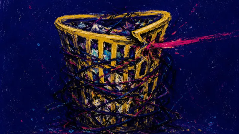 A laundry hamper crushed inward by dense pressure, representing rest guilt, burnout, and a day off c