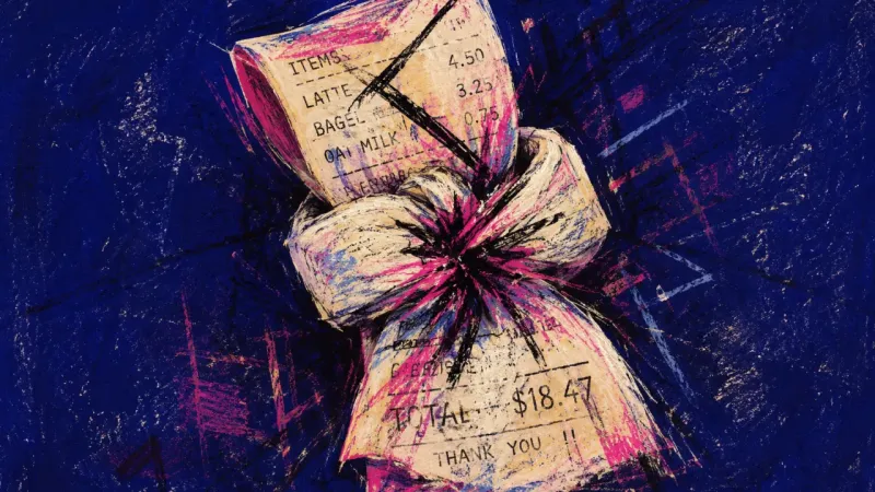 A receipt twisted into a cramped knot, representing boundary guilt and the pressure to stay agre