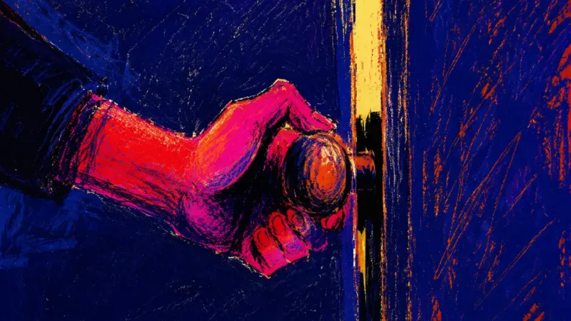 The Polite Gap A tense hand grips a doorknob while a door remains slightly open, suggesting guilt around taking up?